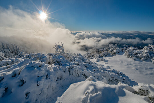 View of the snow-covered Salatin peak with frozen trees and a bright sun starburst over rolling clouds in Liptovska Stiavnica, Zilinsky kraj, Slovakia.