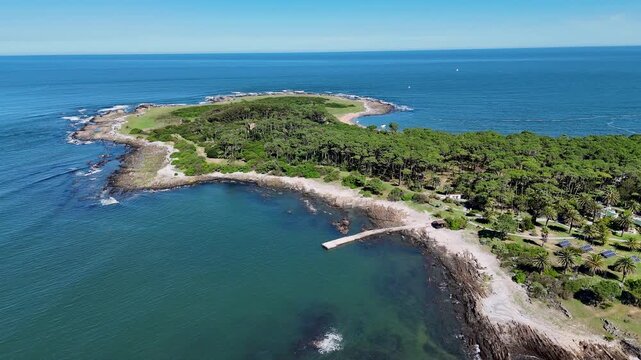 Gorriti Island In Punta Del Este Maldonado Uruguay. Stunning Tropical Coastline Beach Scene Viewed From Above. Shore Clouds Beach Sea. Outdoors Beach Panning Wide. Punta Del Este Maldonado.