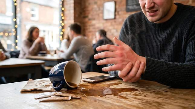 Frustrated man reacts to accidental coffee spill on a wooden table in a busy cafe