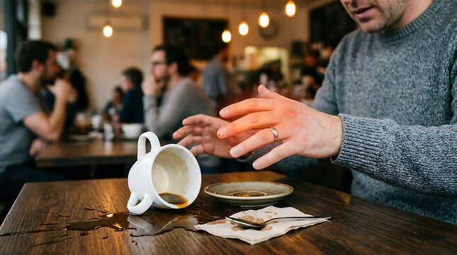 Man reacts to painful hand after accidentally spilling coffee in a busy cafe, highlighting accident and discomfort