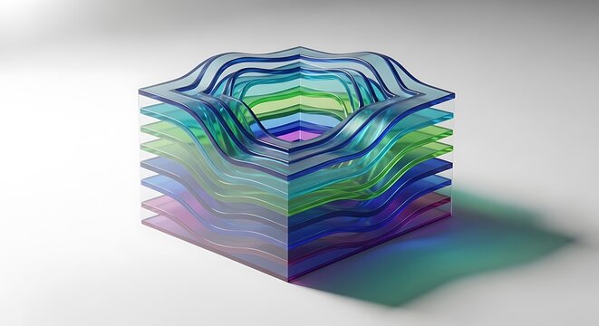 3D render of a layered, wavy, holographic cube with rainbow colors and shadow on a white surface