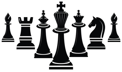 Vector Silhouette Collection of Classic Chess Pieces Featuring King Queen Bishop Knight and Rook for Strategic Game Design © Sakeba