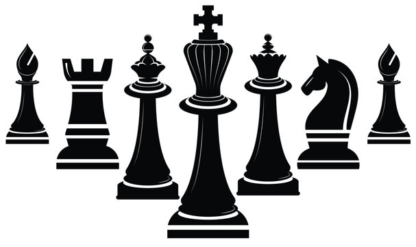 Vector Silhouette Collection of Classic Chess Pieces Featuring King Queen Bishop Knight and Rook for Strategic Game Design