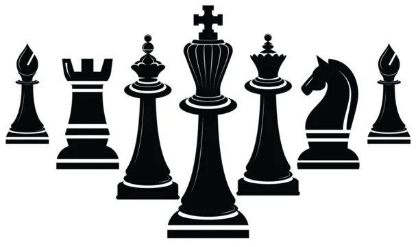 Vector Silhouette Collection of Classic Chess Pieces Featuring King Queen Bishop Knight and Rook for Strategic Game Design