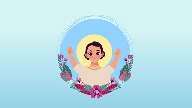 Animated divine child character with flowers and halo on light blue background with motion effects.