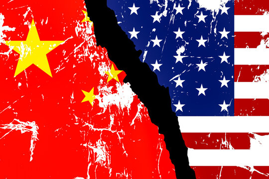 China Versus The USA as diplomatic flag symbols for trade partnerships and geopolitical cooperation as a summit meeting concept between Moscow Beijing and Tehran as a BRICS or alliance