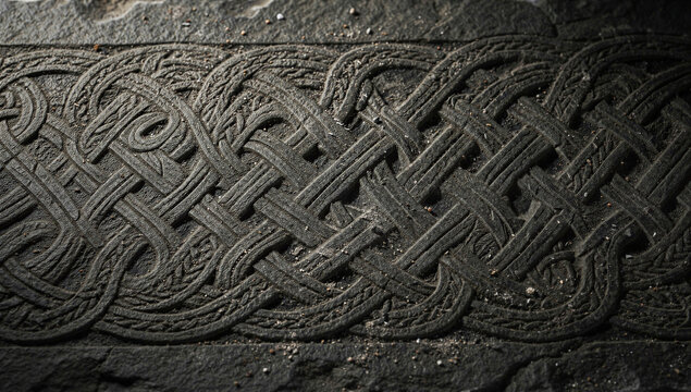 Close-Up of Detailed Ancient Celtic Knotwork Band Carving on Dark Gray Stone Surface with Intricate Interlaced Braided Pattern on Historic Monument