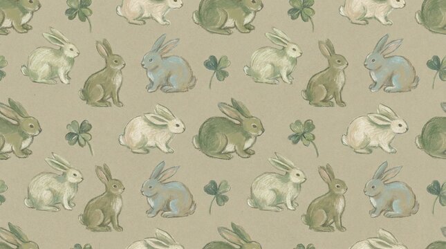 Rabbit and clover repeat rabbit and clover scatter repeat pattern - Seamless Pattern for Commercial Use