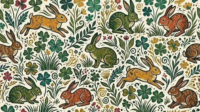 Rabbit and clover repeat rabbit and clover scatter repeat pattern - Seamless Pattern for Commercial Use