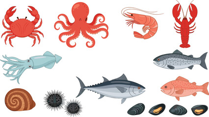 Mixed seafood vector collection. Crab, octopus, shrimp, lobster, squid, tuna, red fish, sea urchins, mussels, and snail shell. Perfect for culinary illustrations and menu designs. © ALINA