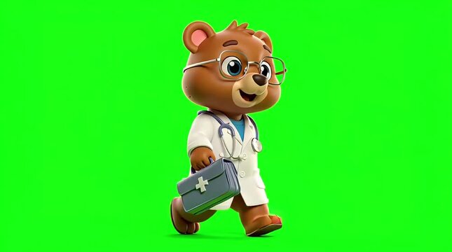 Teddy bear in doctor costume holding medical bag on green background