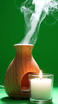 Aromatherapy Diffuser Emits Steam Next to a Lit Candle