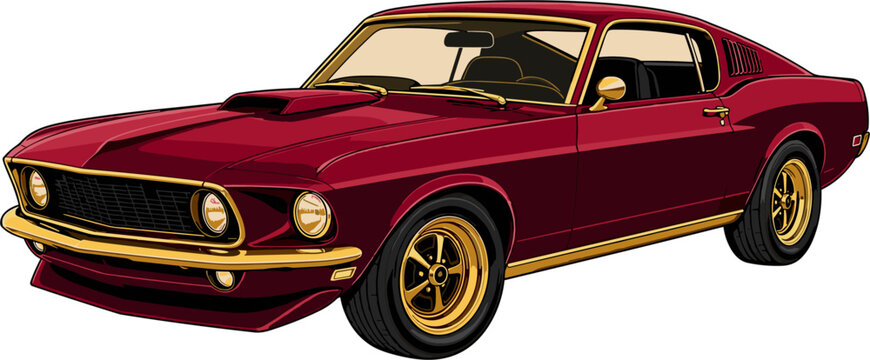 Vintage cherry red muscle car with gold accents, classic automobile, retro vehicle design, 1960s automotive, automotive icon, cool transport, cool auto, cool car