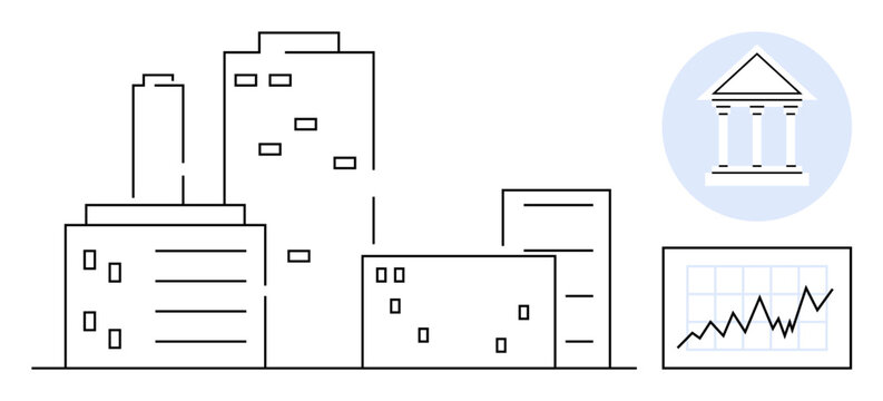 Financial growth, investment trends, urban planning, economy, banking concepts, business development. Modern city buildings, a bar graph and a bank icon. Financial growth and investment concepts