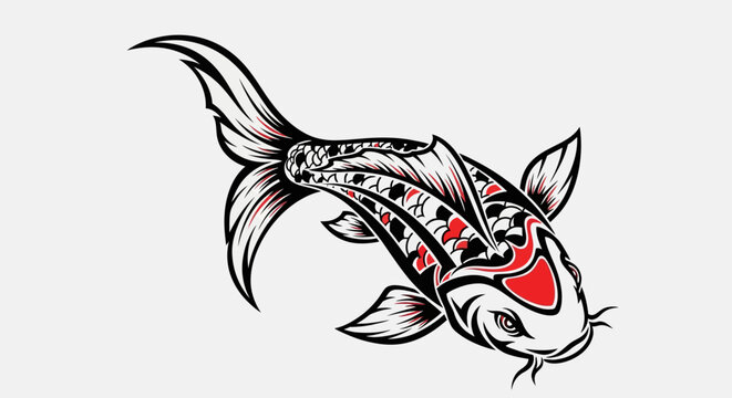 Tribal Koi Fish Tattoo Design, Japanese Carp Symbol, Red Black White