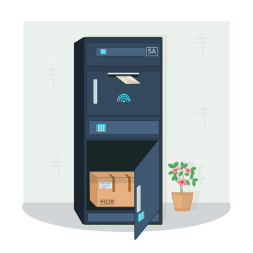 IoT house. Modern smart parcel box with open door and mail slot for residential house.Automated home delivery locker with package inside, wireless connection symbol, house number and flower pot.Vector