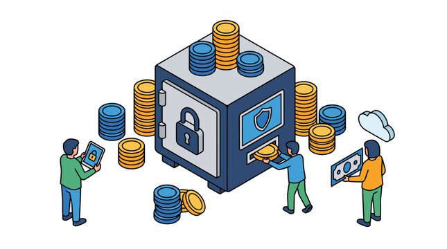 Isometric illustration of a secure safe with people managing digital assets and finances.