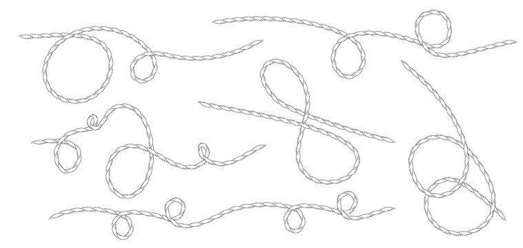 Set of wavy western or nautical rope squiggle lines with flowing curves and tangles Marine cable pattern for sailor design Hand drawn sketch continuous line doodle elements Rope vector brush shapes