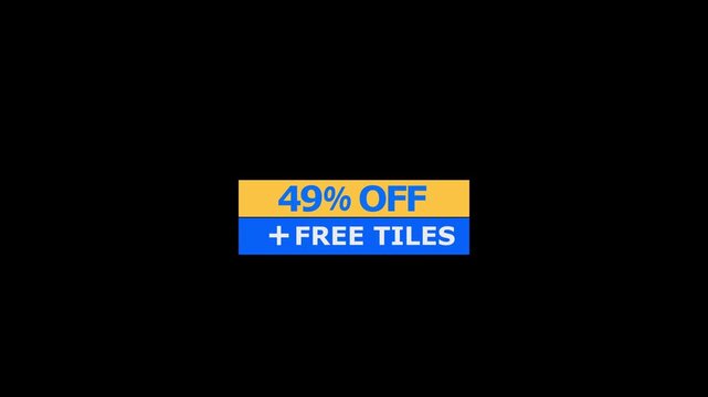 A horizontal rectangular banner featuring forty nine percent off text in blue on a yellow background with plus free tiles text in white on a blue background isolated on black