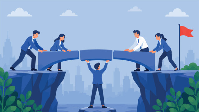 Business Teamwork Collaboration Bridge Support Concept Flat Vector Illustration