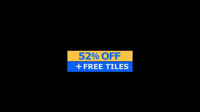 Fifty two percent off promotional banner with additional free tiles text on a dark background for retail marketing and sales events featuring bold yellow and blue rectangular blocks