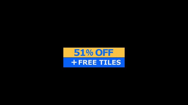 Fifty one percent off promotional banner with additional free tiles text on a dark background for retail marketing and sales events featuring bold yellow and blue rectangular blocks