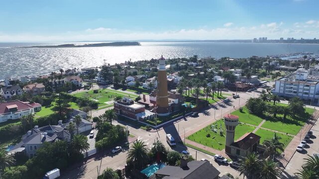 Punta Del Este Skyline In Punta Del Este Maldonado Uruguay. Aerial View Of A Landmark Tall Lighthouse In A Coast Beach. Shore Horizon Beach Sea. Outdoor Beach Panning Wide. Punta Del Este Maldonado.