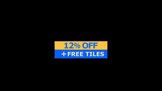 A rectangular promotional banner featuring the text 12 percent off plus free tiles in bold blue and white fonts set against a yellow and blue background isolated on a black background