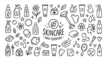 Naklejka premium Skincare products and beauty tools icons.