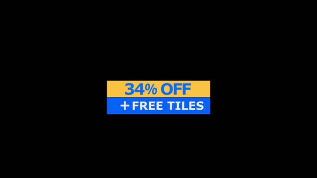 Banner featuring thirty four percent off text in yellow and plus free tiles in blue on a black background for retail sales promotion and marketing campaigns