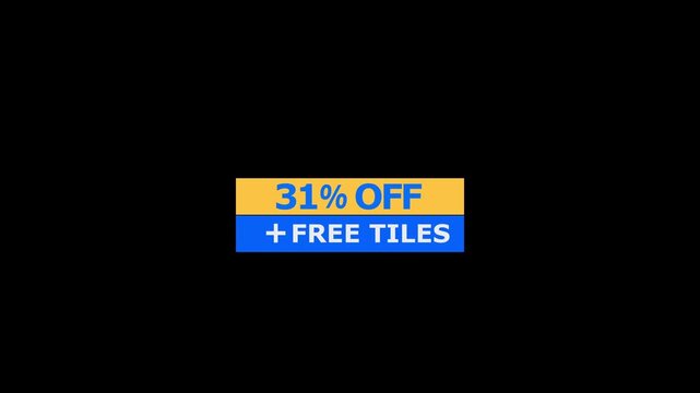 Banner featuring thirty one percent off text in yellow and plus free tiles in blue on a black background for retail sales promotion and marketing campaigns
