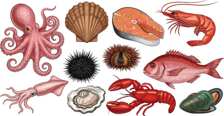 Seafood vector set with shellfish. Detailed pink octopus, red lobster, and salmon steak icons. Fresh sea urchin, oysters, and fish isolated on white background. © ALINA