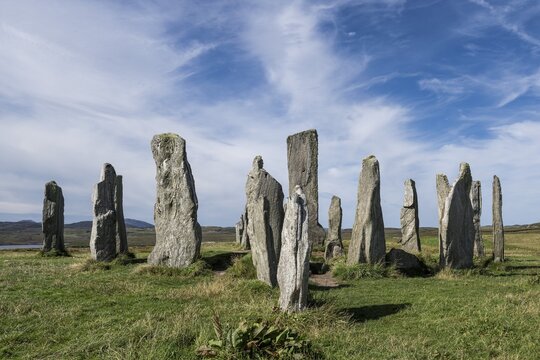 Stone formation of the megalithic culture, site of Callanish 1, near Breasclete, Isle of Lewis, Outer Hebrides, Scotland, Great Britain