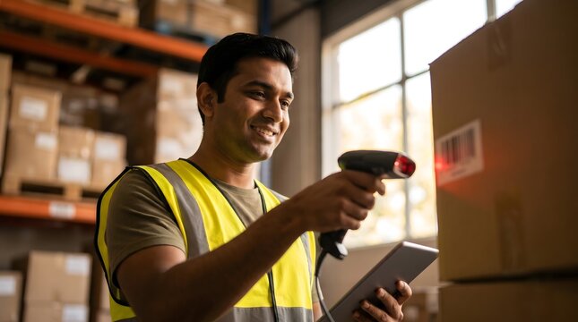 Warehouse worker using handheld scanner and tablet to scan barcode on a cardboard box in a brightly lit distribution center