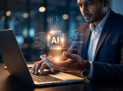 Man using a laptop with a glowing AI chip visualization hovering above his hand, representing artificial intelligence and technology in business