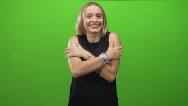 Woman hugging crossed arms across chest, smiling, smartwatch and bracelets visible, shot on a green studio screen with even lighting; self care joy.