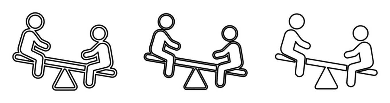 Minimalist seesaw icon set, children playing on teeter totter, playground equipment vector line art