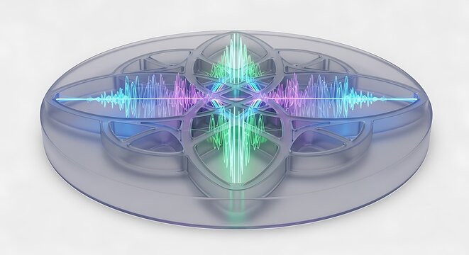 Glowing purple, green, and blue sound wave pattern on a transparent glass or plastic oval object with a flower-like design, isolated on white background