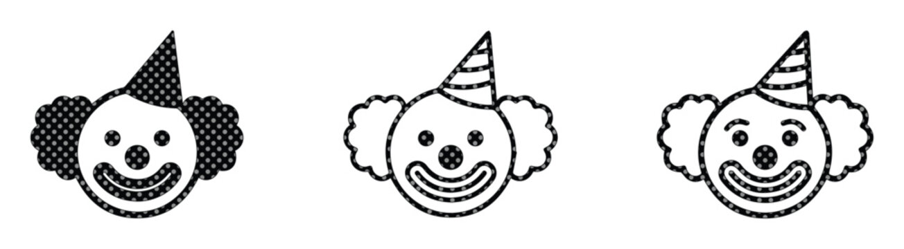 Clown face icon set, circus performer head vector, black and white carnival character symbols