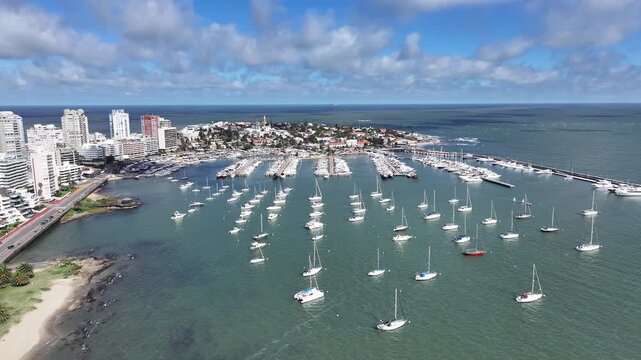 Punta Del Este Skyline In Punta Del Este Maldonado Uruguay. Breathtaking Aerial View Of Boat Sailing In A Wonder Scene. Shore Sky Beach Sea. Shore Seaside Travel. Punta Del Este Maldonado.