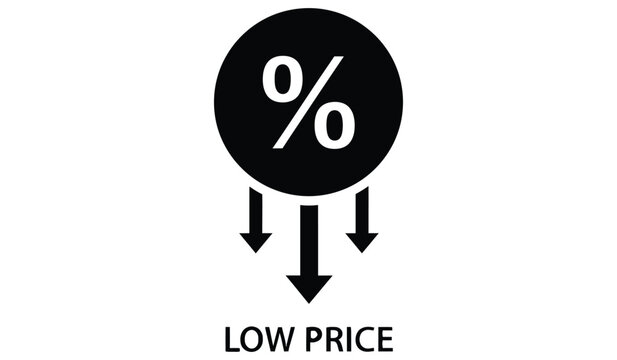 Discount Percentage Symbol with Downward Arrows and Low Price Text Isolated on White Background