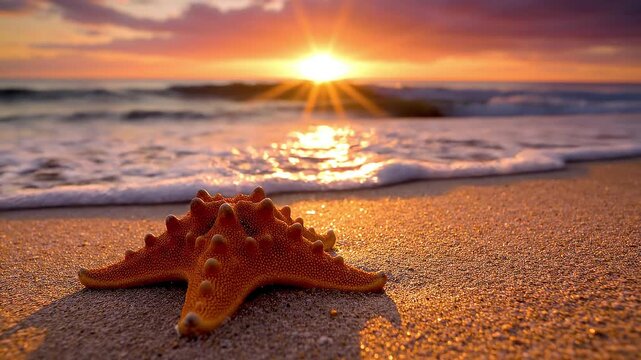 Orange Starfish on a Sandy Beach with Waves and a Golden Sunset