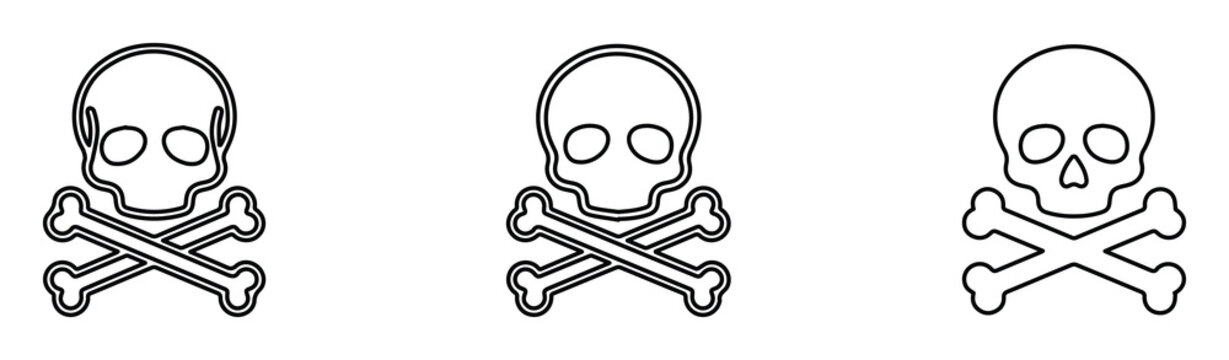Minimalist skull and crossbones icons, set of 3 pirate hazard symbols, thin line vector art