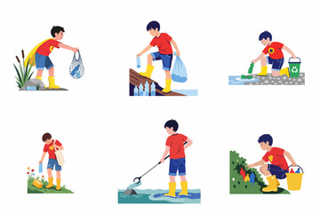Illustrations of a Young Boy Hero Cleaning Up Plastic Waste in Various Natural Settings for Environmental Conservation and Sustainability Awareness.