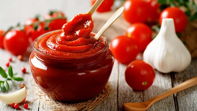 Rich tomato sauce in bowl, creamy red puree garnished with rosemary and scattered cherry tomatoes on rustic white wooden surface, spoon lifts glossy condiment,