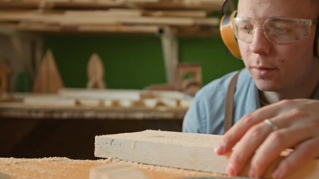 Close-up rack focus shot of gen Z male woodworker wearing protective glasses and earmuffs blowing sawdust off wooden plank and removing it with hand
