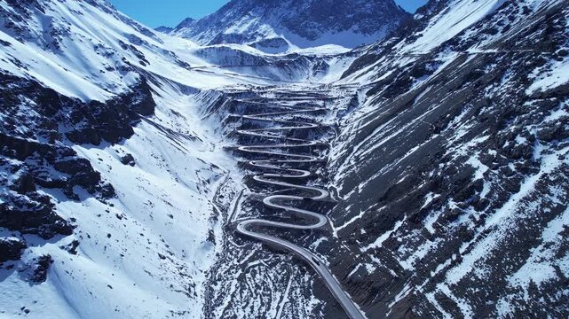 Los Caracoles Highway Road In Andes Mountains Santiago Chile. Breathtaking Aerial View Of Busy Traffic In A Freeway Road. Nature Travel Snow Covered Forest Trees. Nature Outdoors High Angle View.
