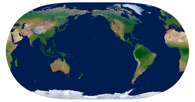 World Map. Natural Earth II projection. High-detail physical map. Longitude rotation animation of the globe.