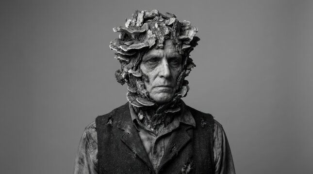 A dramatic black and white portrait of an older man whose face and head are covered in fungi.