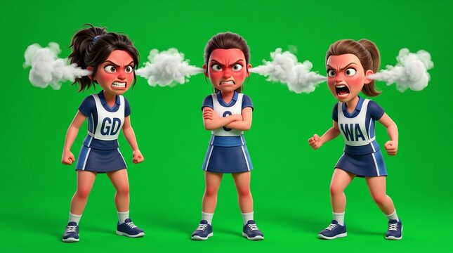 Three Angry Cartoon Netball Players with Steam Clouds Erupting from Ears.
